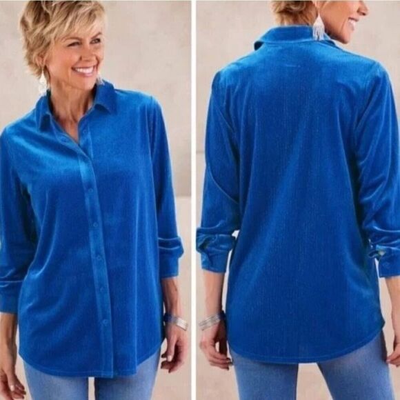 Soft Surroundings Blue Velour Boyfriend Button Down Shirt Relaxed Women's Small - Picture 1 of 12